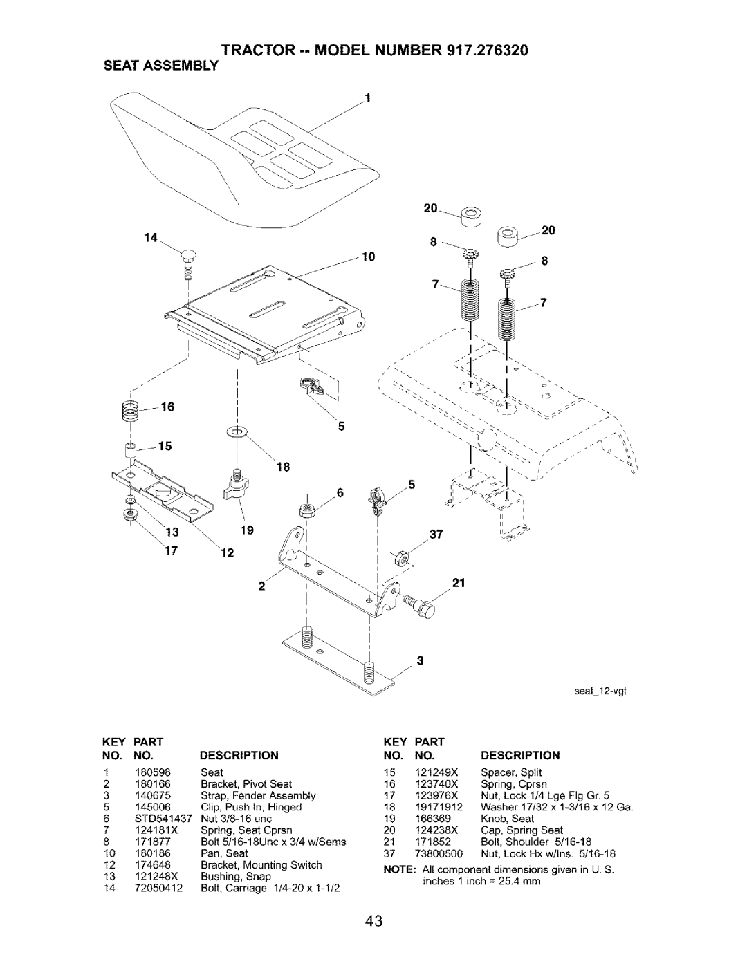 Craftsman 917.27632 owner manual Tractor -- Model Number Seat Assembly, KEY Part NO. NO. Description 