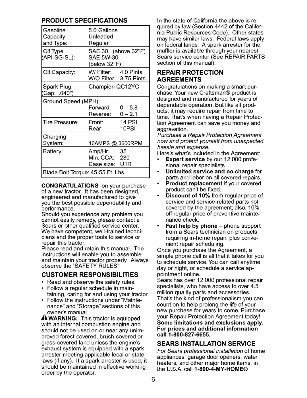 Craftsman 917.27632 owner manual Product Specifications, Customer Responsibilities, Repair Protection Agreements 