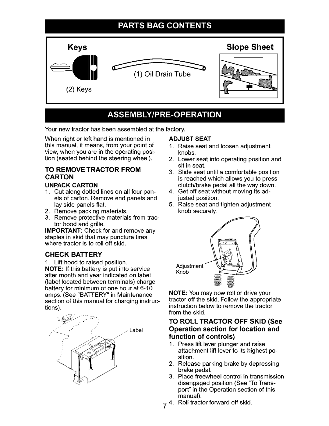 Craftsman 917.27632 owner manual To Remove Tractor, Adjust Seat, Unpack Carton, Check Battery 