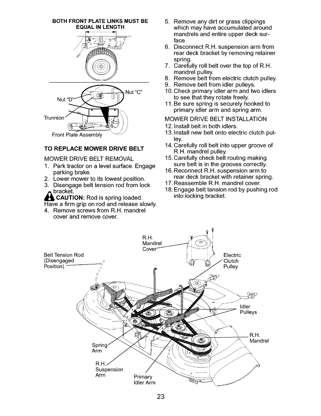 Craftsman 917.27632 owner manual Both Front Plate Links Must Be Equal In Length, To Replace Mower Drive Belt 