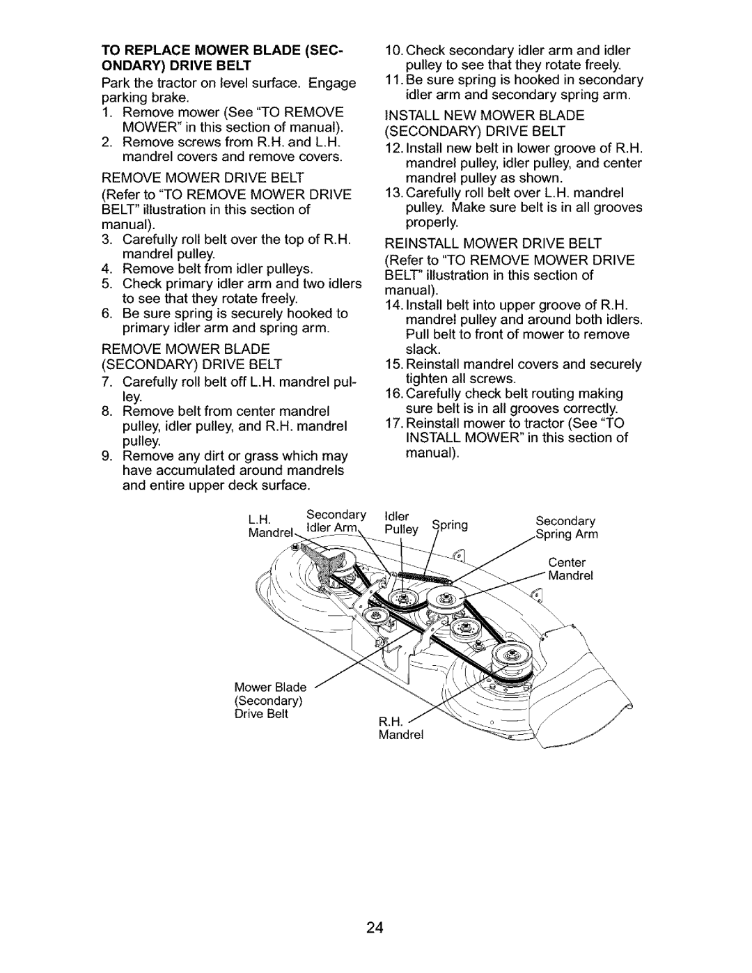Craftsman 917.27632 owner manual To Replace Mower Blade Sec Ondary Drive Belt, parking brake 