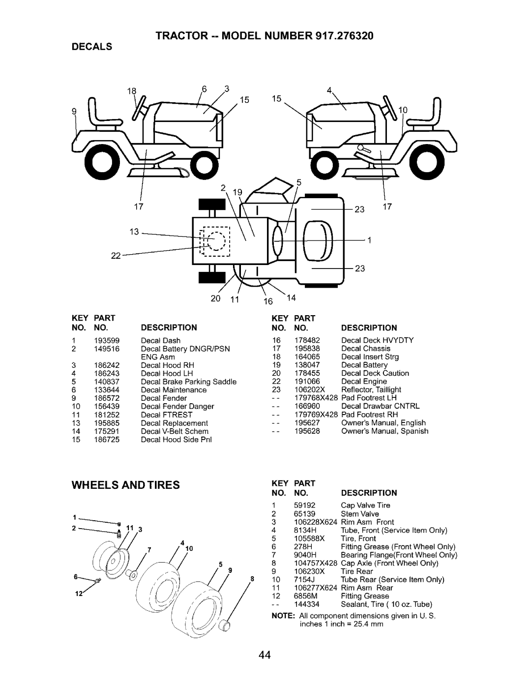 Craftsman 917.27632 owner manual Tractor --Model Number Decals, Wheels And Tires 