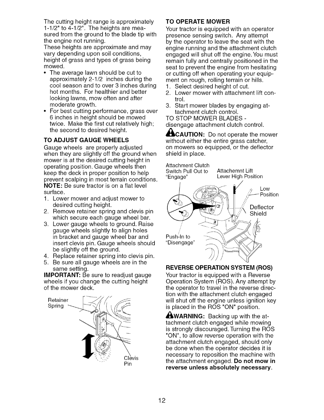 Craftsman 917.276361 manual To Adjust Gauge Wheels, To Operate Mower, To Stop Mower Blades 