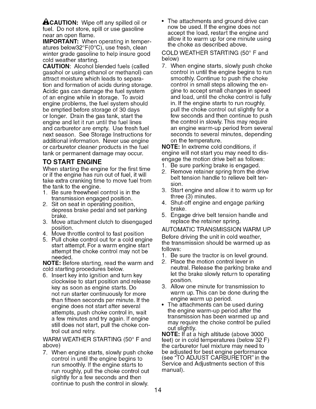 Craftsman 917.276361 manual To Start Engine 