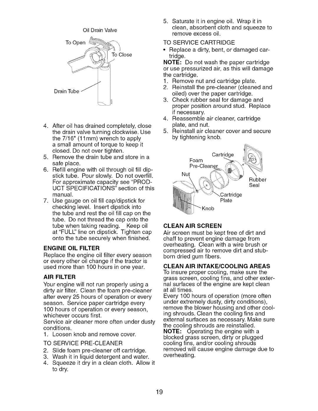 Craftsman 917.276361 manual Engine OIL Filter, AIR Filter, Clean AIR Screen, Clean AIR INTAKE/COOLING Areas 
