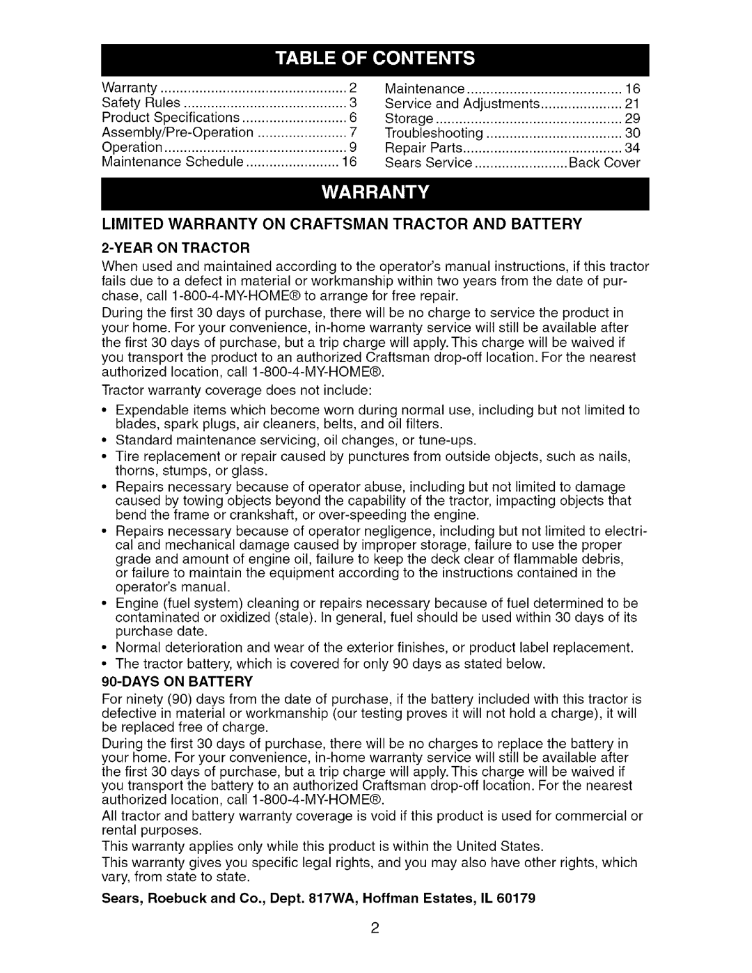 Craftsman 917.276361 manual Year on Tractor, Days on Battery 