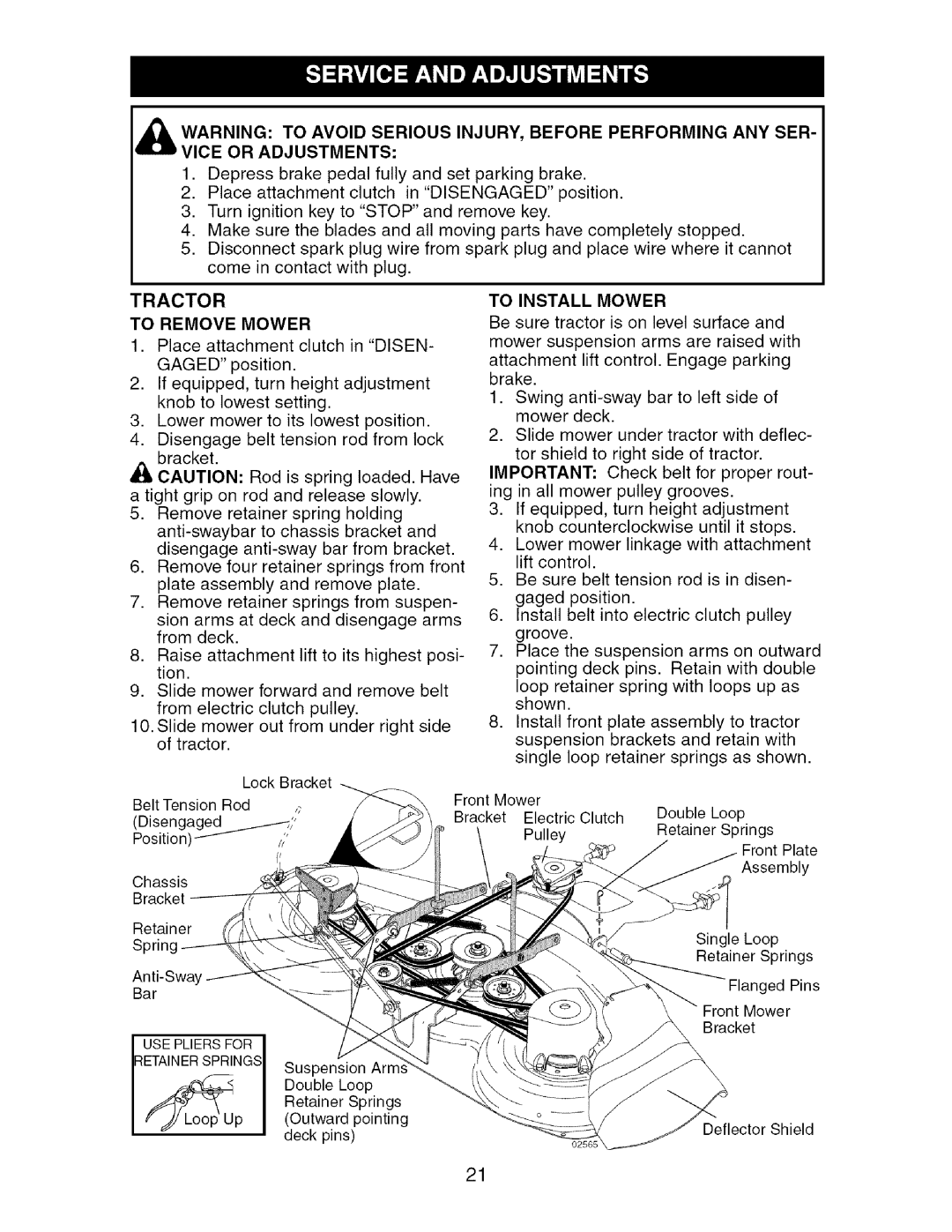 Craftsman 917.276361 manual Tractor To Remove Mower, To Install Mower 