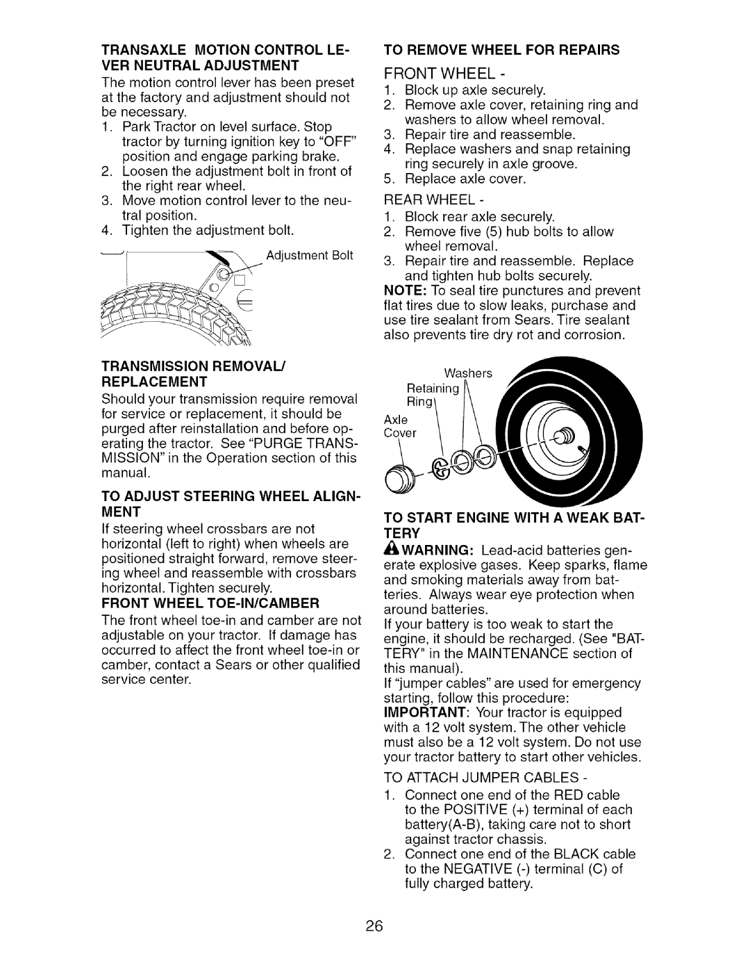 Craftsman 917.276361 manual Transaxle Motion Control LE VER Neutral Adjustment, Transmission Removal Replacement, Ment 