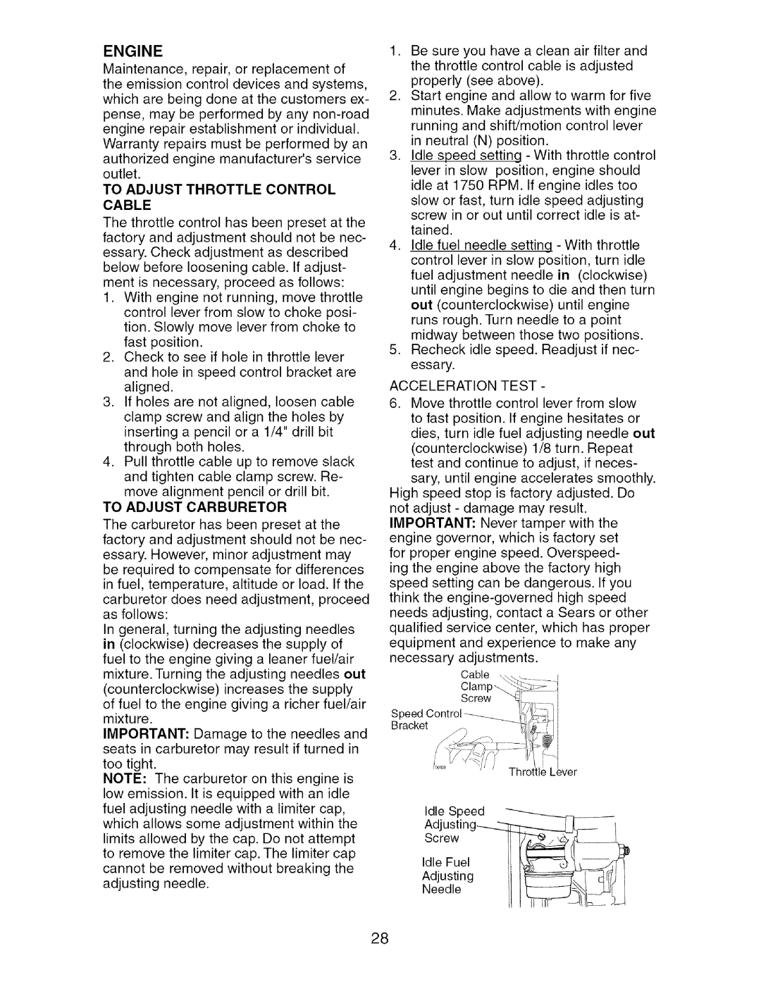 Craftsman 917.276361 manual To Adjust Throttle Control Cable, To Adjust Carburetor, Acceleration Test, Lii 