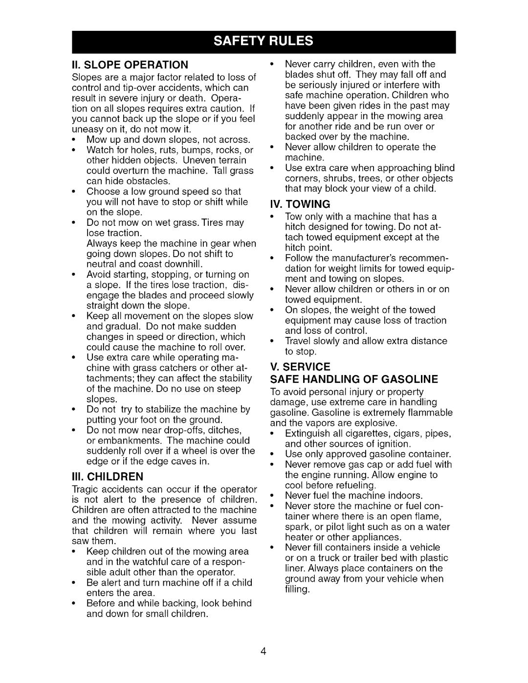 Craftsman 917.276361 manual I1. Slope Operation, III, Children, IV. Towing, Service Safe Handling of Gasoline 