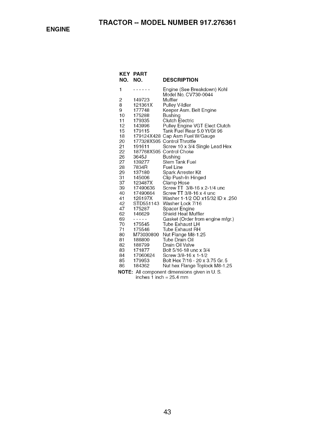 Craftsman 917.276361 manual KEY Part Description 