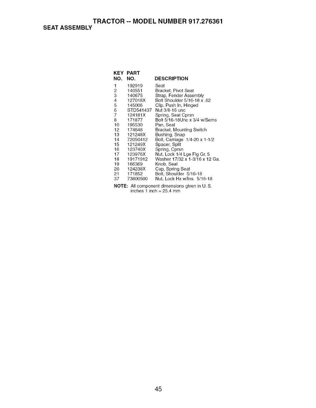 Craftsman 917.276361 manual Tractor --MODEL Number Seat Assembly 
