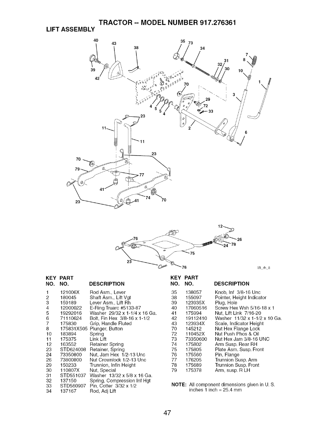 Craftsman 917.276361 manual Tractor --MODEL Number Lift Assembly, KEY Part Description 