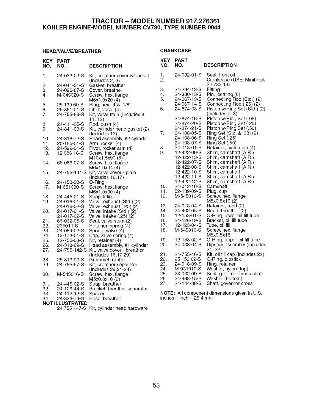 Craftsman 917.276361 manual Tractor --MODEL Number, Kohler ENGINE-MODELNUMBER 0V730, Type Number 