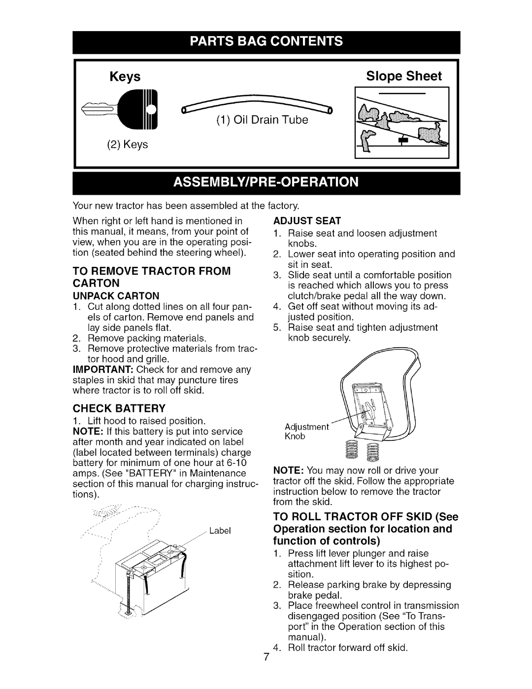 Craftsman 917.276361 manual To Remove Tractor from Carton Unpack Carton, Adjust Seat 