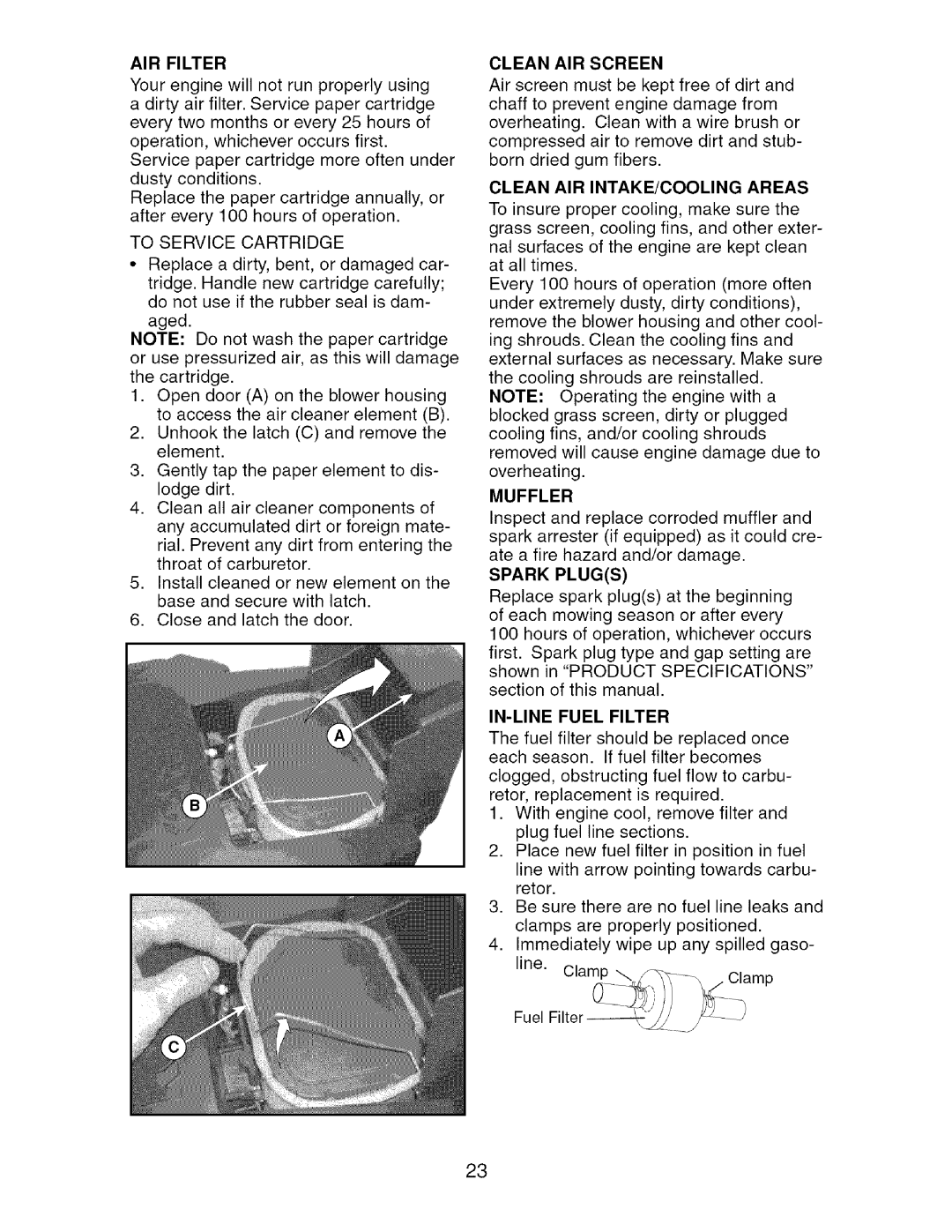 Craftsman 917.276920 manual Clean AIR INTAKE/COOLING Areas, Muffler, IN-LINE Fuel Filter 