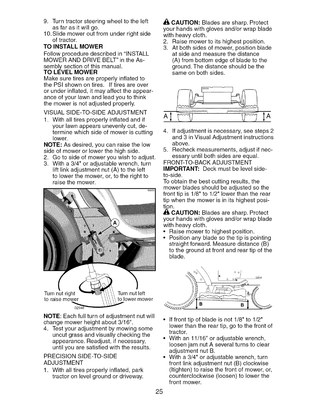 Craftsman 917.276920 manual To Install Mower, To Level Mower, Visual SIDE-TO-SIDE Adjustment, FRONT-TO-BACK Adjustment 