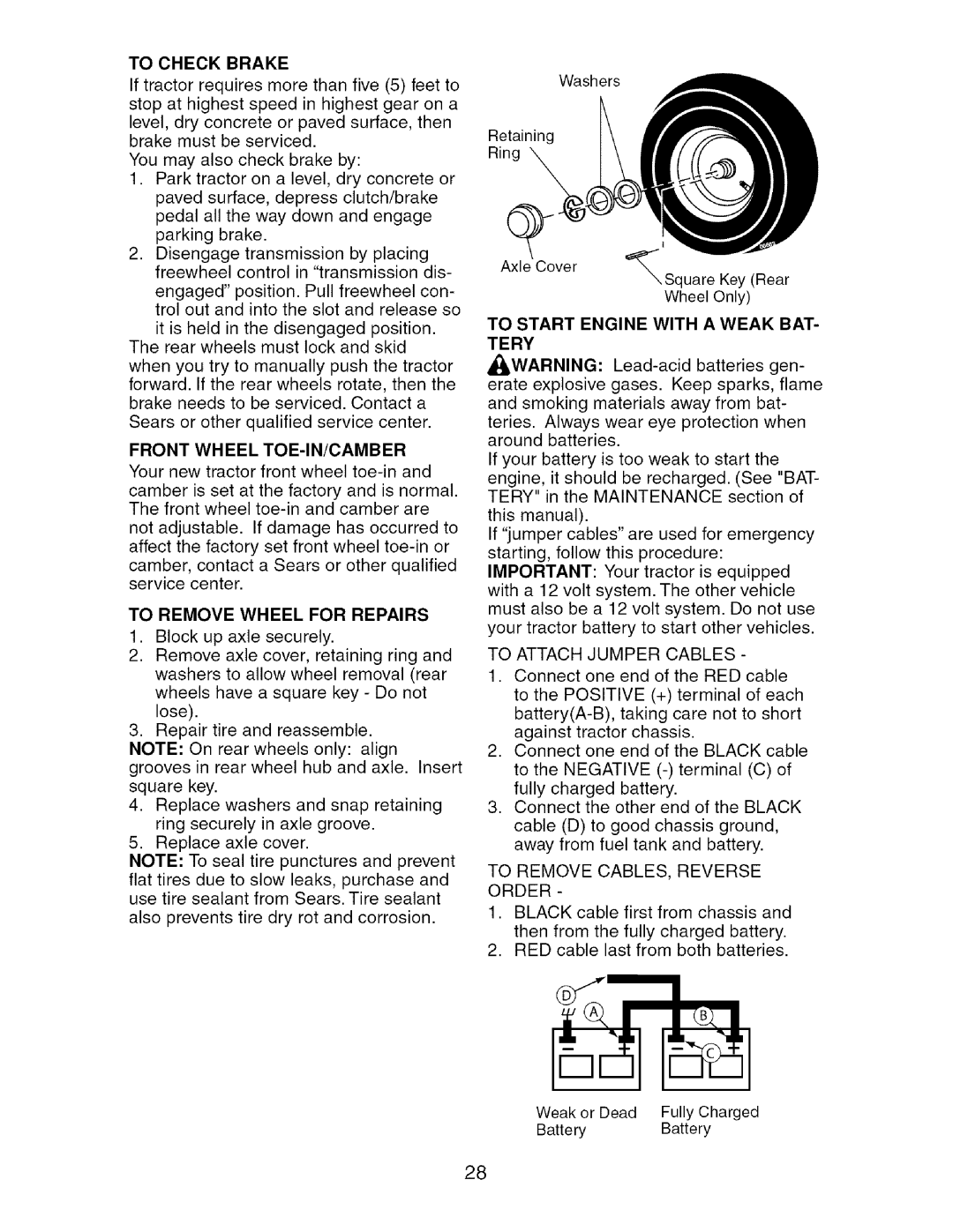 Craftsman 917.276920 manual To Start Engine with a Weak BAT Tery 