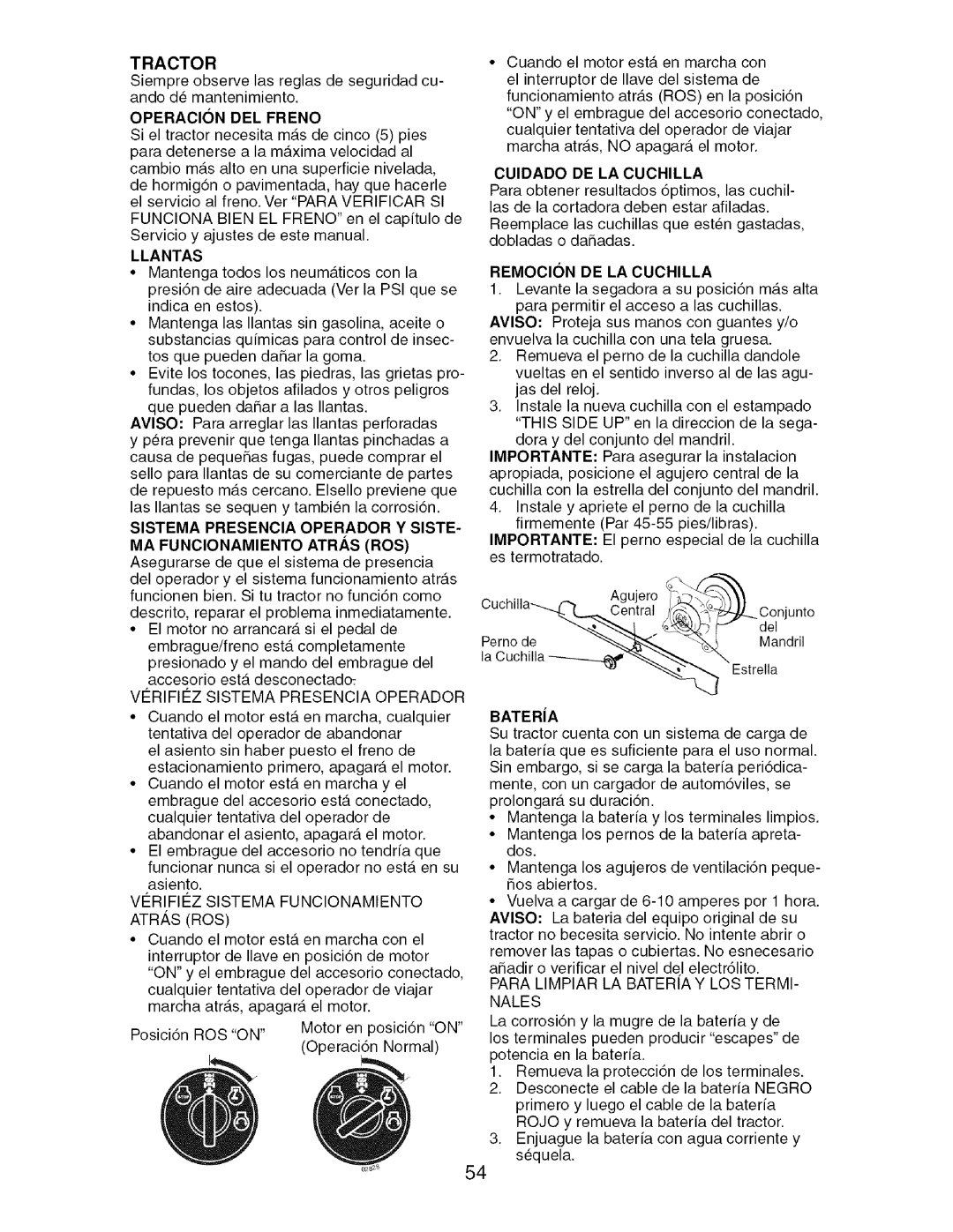 Craftsman 917.276920 manual Tractor, Cuidado DE LA Cuchilla, Remocion DE LA Cuchilla, Baterja 