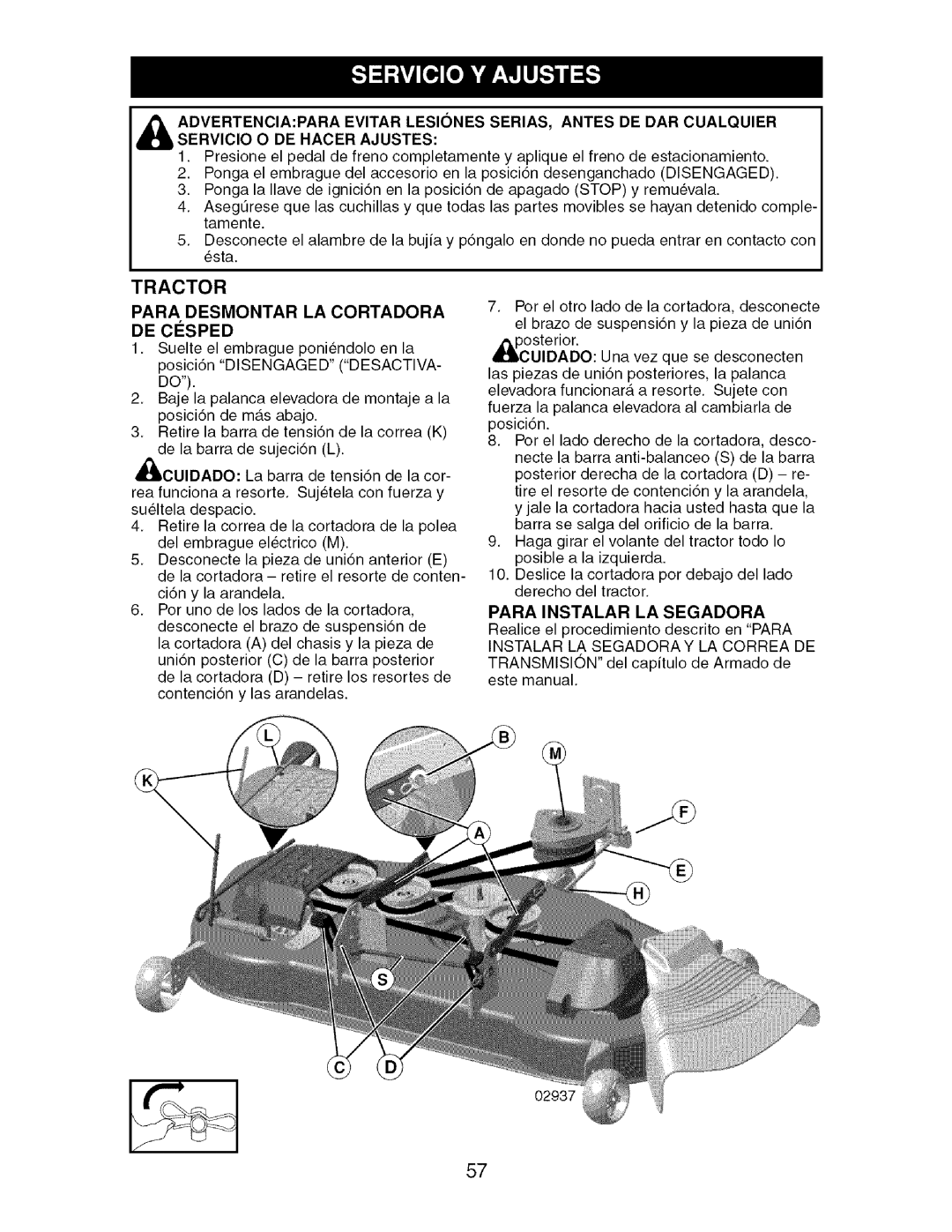 Craftsman 917.276920 manual Para Desmontar LA Cortadora, Para Instalar LA Segadora 