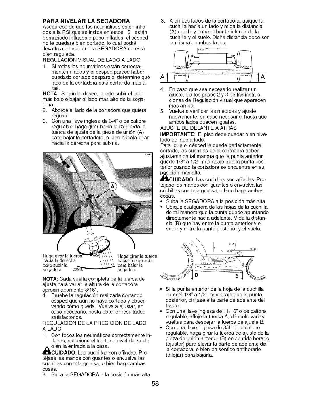 Craftsman 917.276920 manual Para Nivelar LA Segadora, Ajuste DE Delante a ATR,.S, Regulacion DE LA Precision DE Lado 