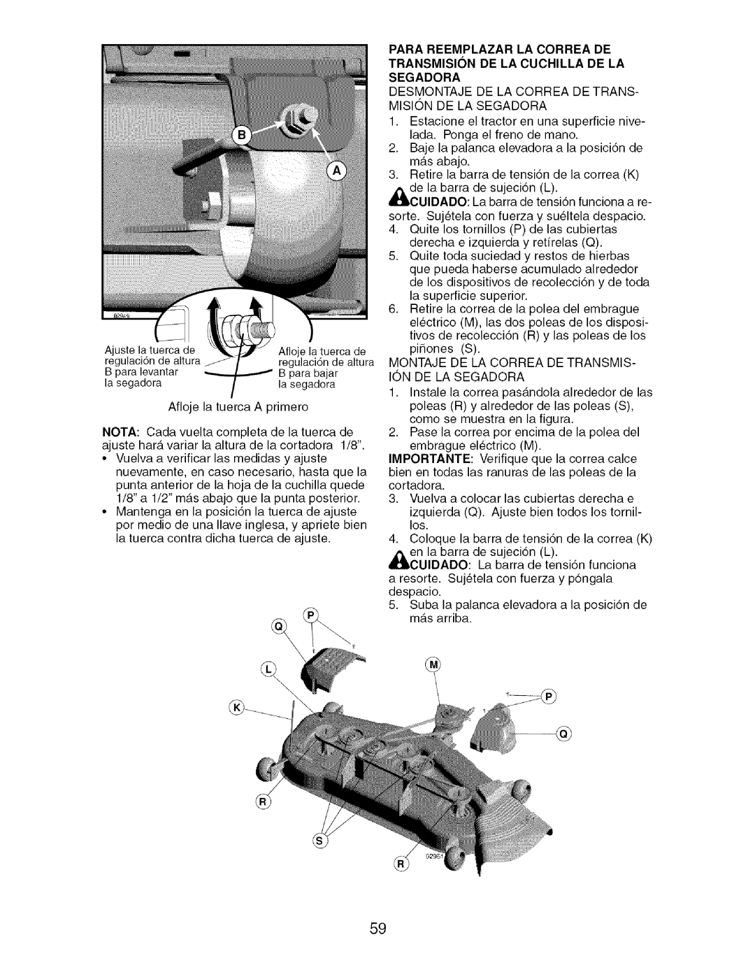 Craftsman 917.276920 manual Desmontaje DE LA Correa DE TRANS- Mision DE LA Segadora 