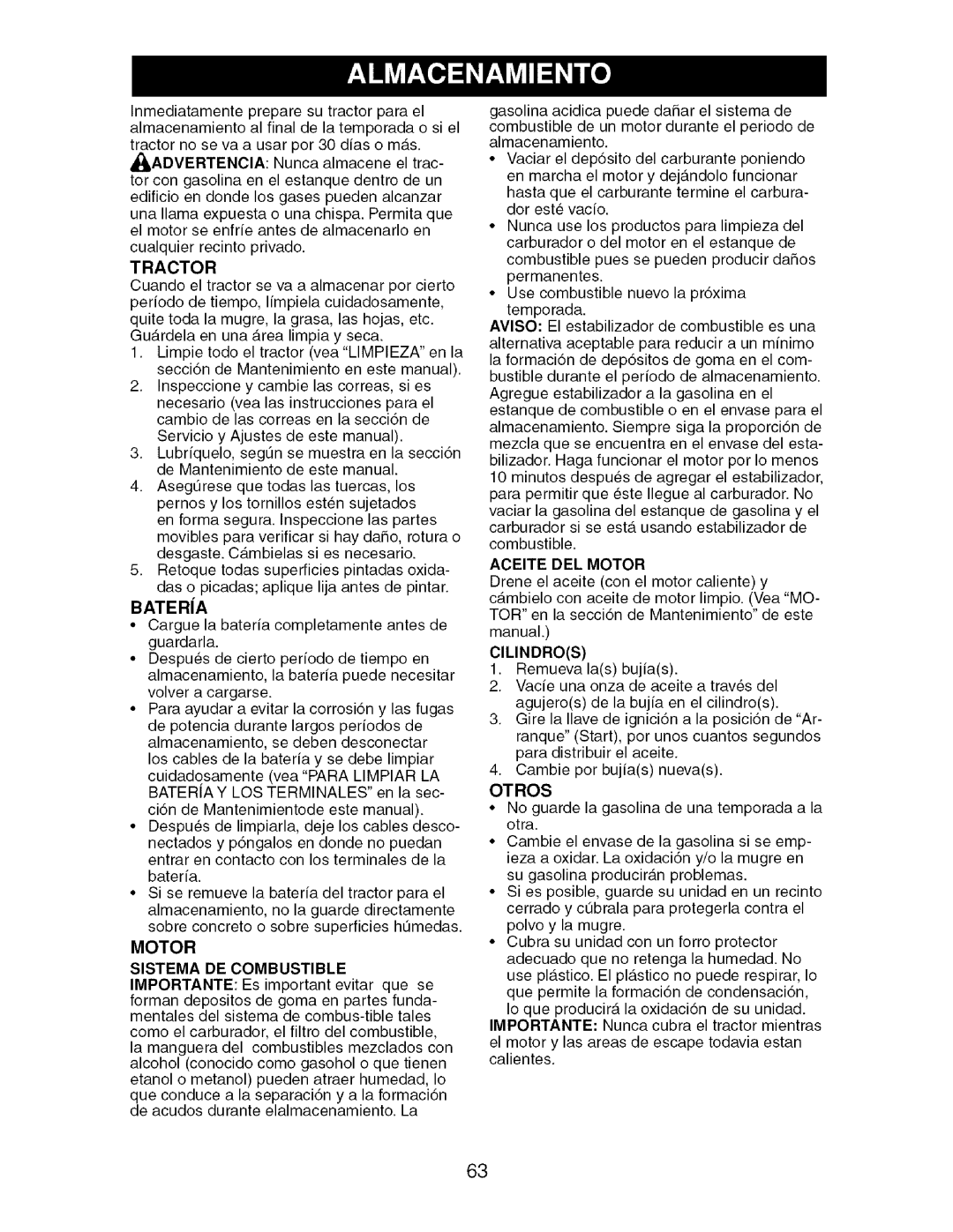 Craftsman 917.276920 manual Motor Sistema DE Combustible, Aceite DEL Motor, Otros 