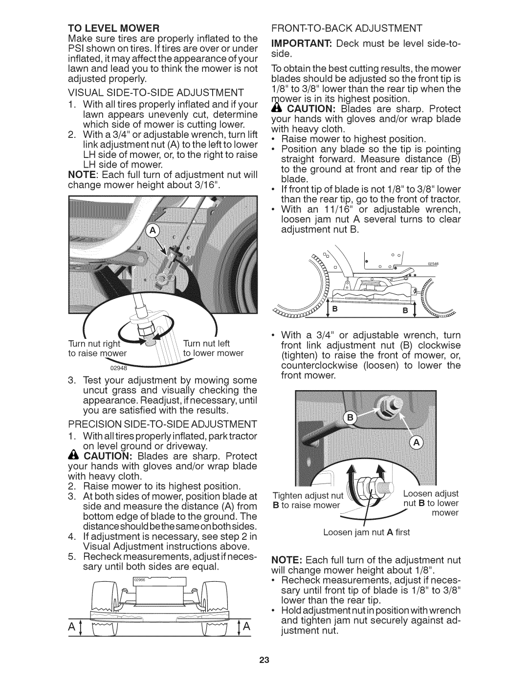 Craftsman 917.28035 owner manual To Level Mower, Visual SIDE-TO-SIDE Adjustment, FRONT-TO-BACK Adjustm ENT 