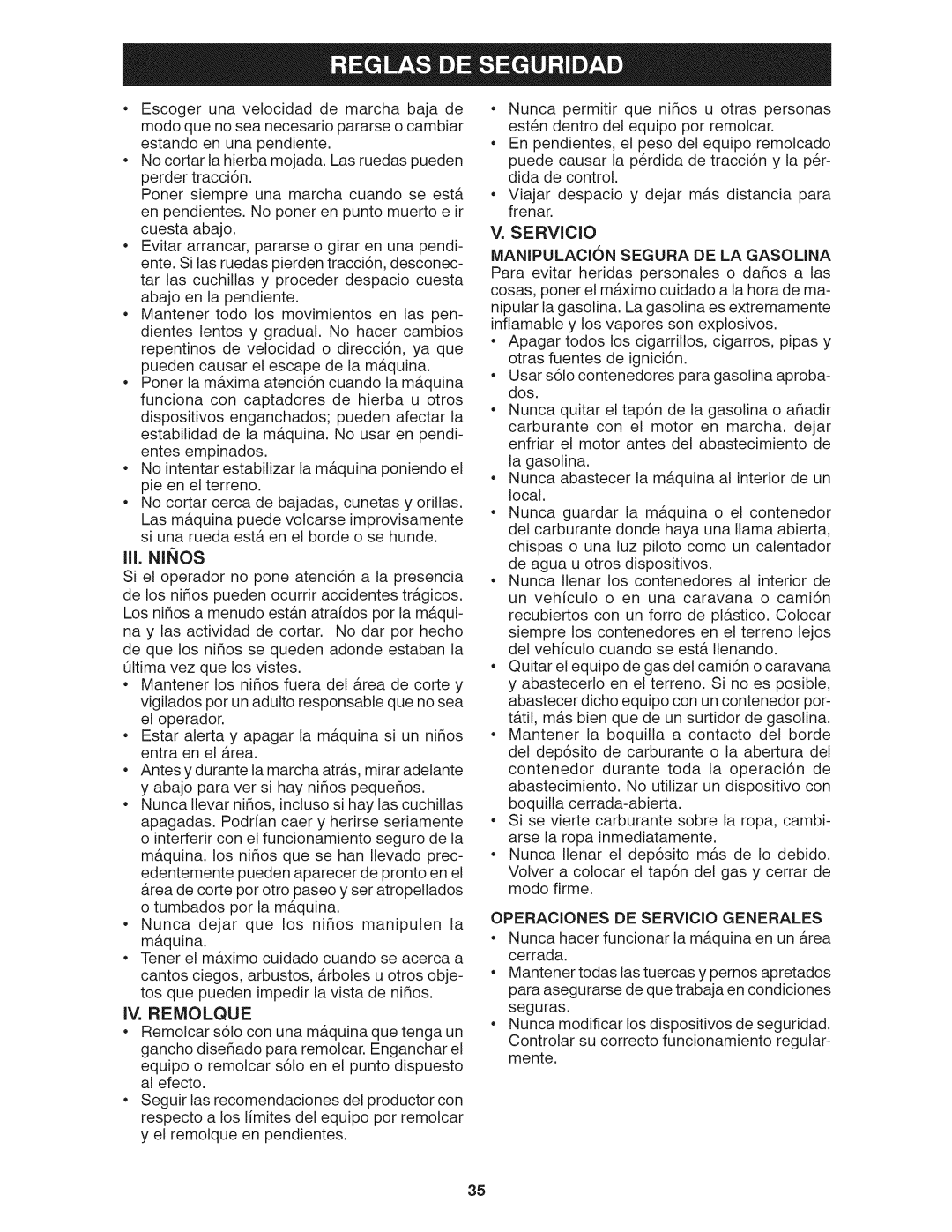 Craftsman 917.28035 owner manual III, Ninos, IV. Remolque, Operaciones DE Servicio Generales 