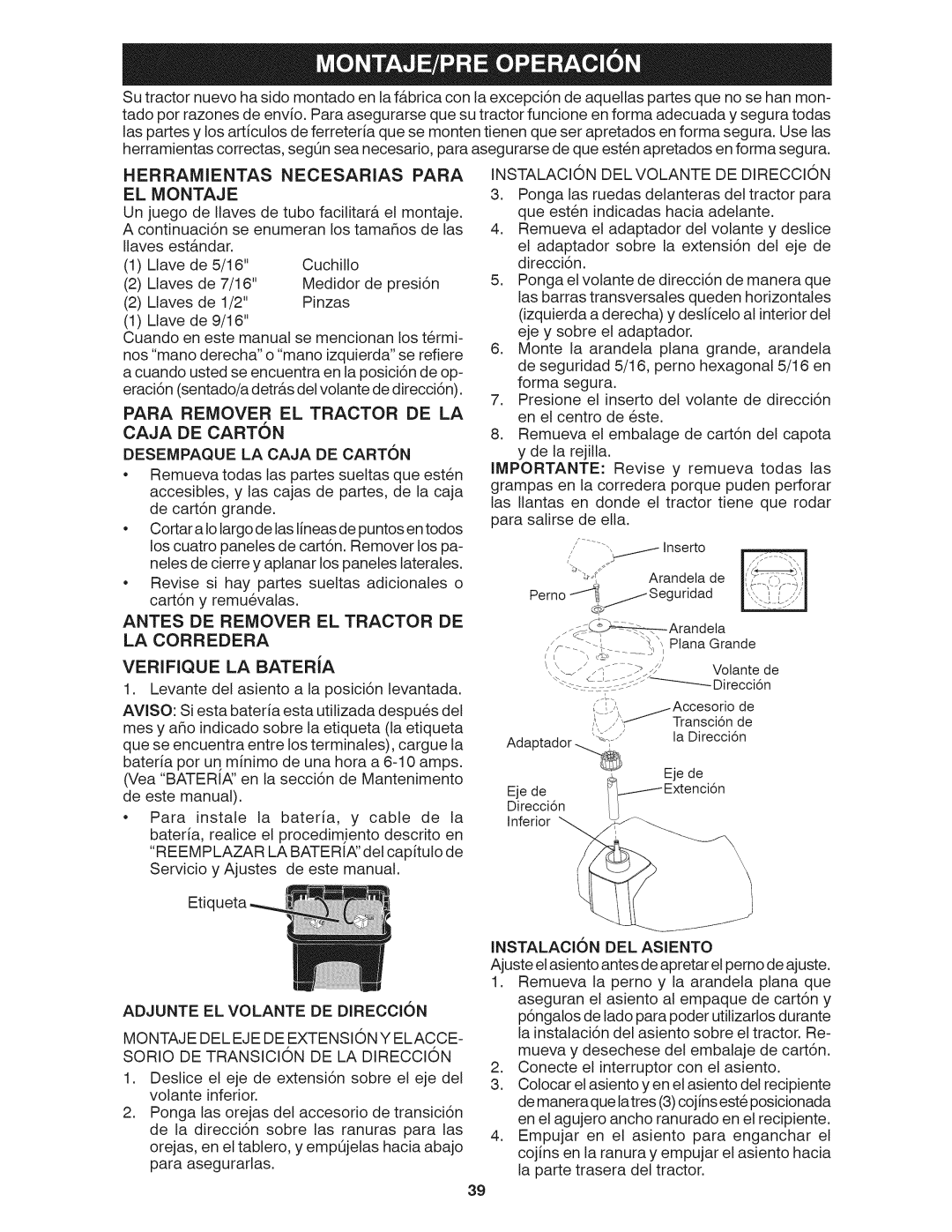 Craftsman 917.28035 owner manual Herramientas Necesarias Para EL Montaje, Para Remover EL Tractor DE LA 