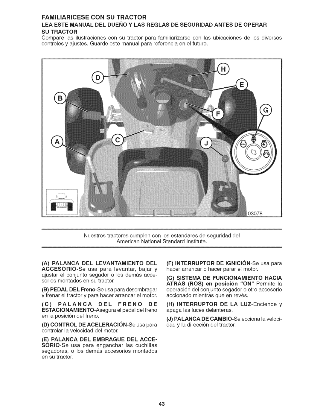 Craftsman 917.28035 owner manual Familiaricese CON SU Tractor, Palanca DEL Levantamiento DEL, Palanca DEL Freno DE 