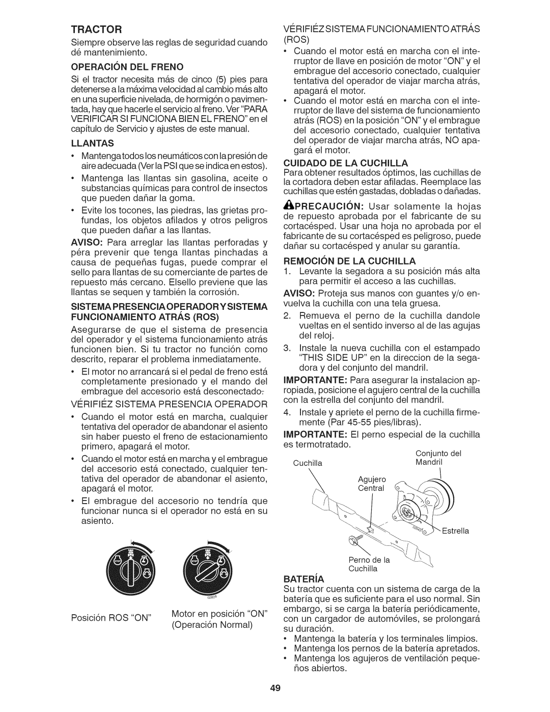 Craftsman 917.28035 Tractor, Llantas, Veri Fiez Sistema Funci Onam Iento AT RA,S ROS, Cuidado DE LA Cuchilla 