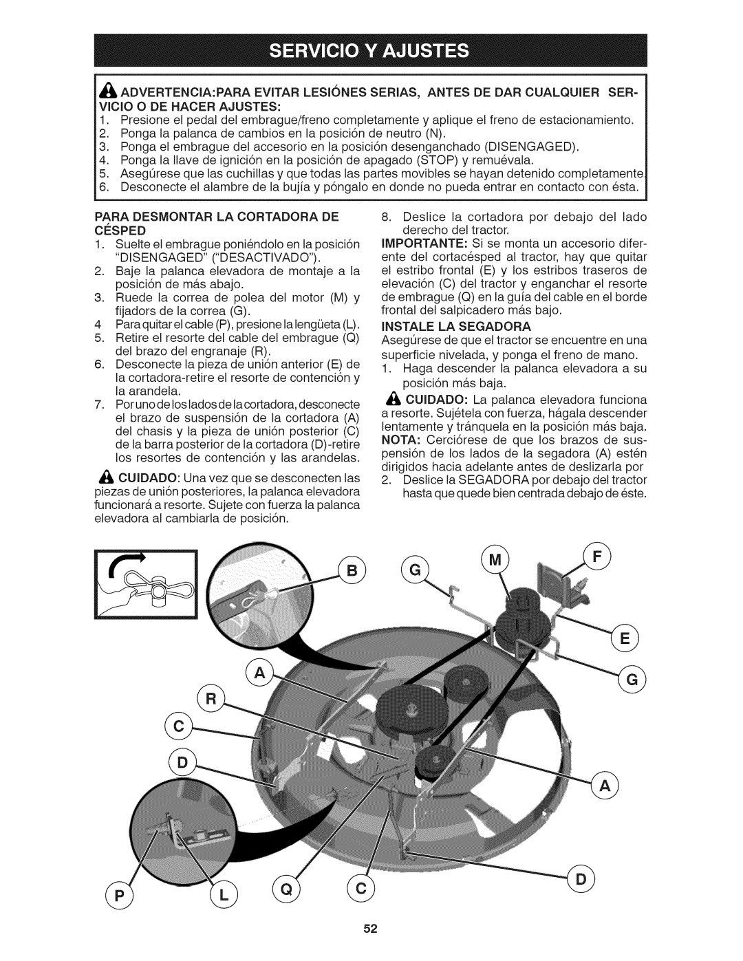 Craftsman 917.28035 owner manual Cesped, Vicio O DE Hacer Ajustes, Para Desmontar LA Cortadora DE, Instale LA Segadora 