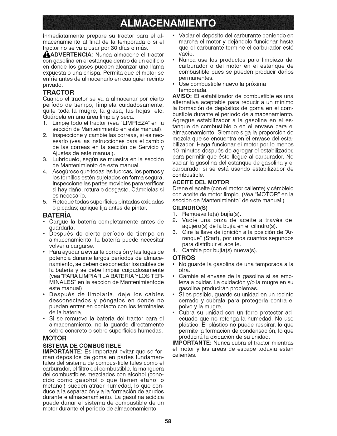 Craftsman 917.28035 owner manual Tractor, Otros, Sistema DE Combustible, Aceite DEL Motor, Cilindros 