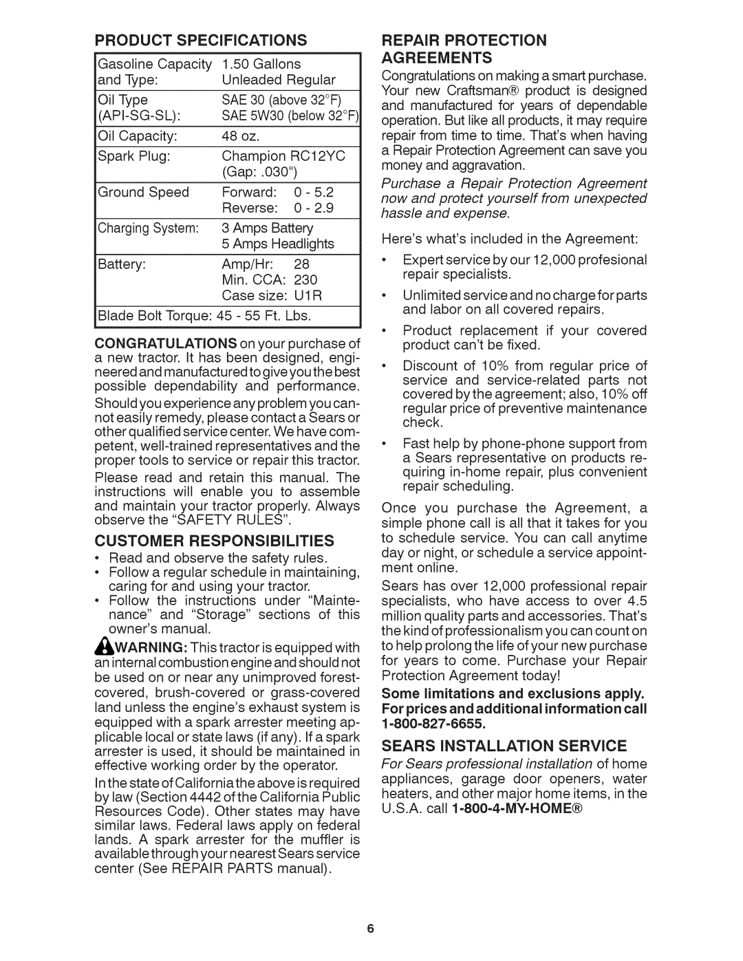 Craftsman 917.28035 owner manual Product Specifications, Repair Protection 