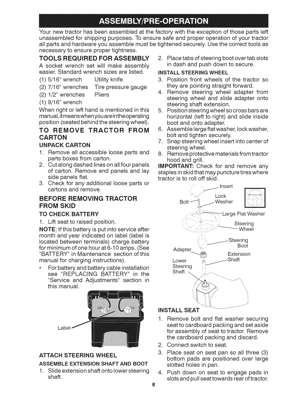 Craftsman 917.28035 owner manual Before Removing Tractor from Skid, Tools Required for Assembly, To Check Battery 