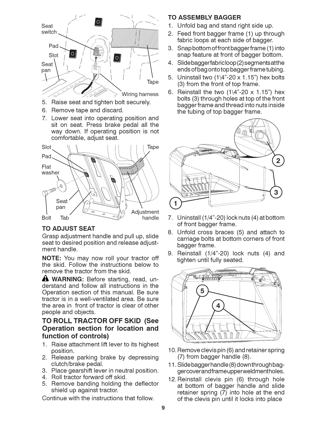 Craftsman 917.28035 owner manual To Adjust Seat, To Assembly Bagger 