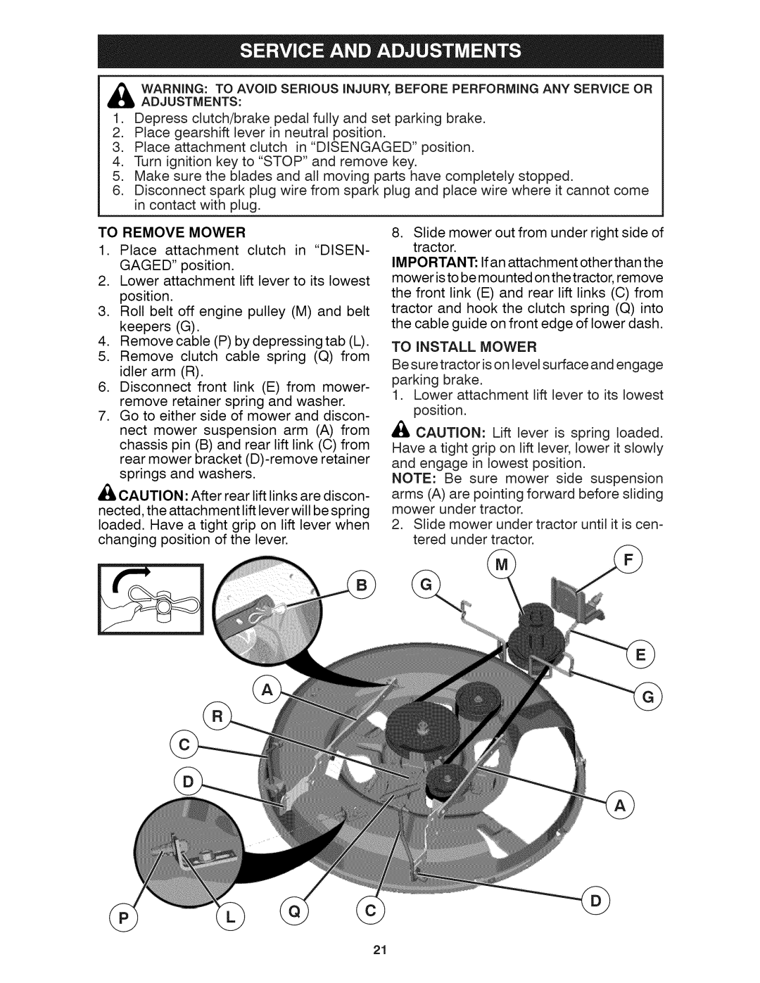 Craftsman 917.28035 owner manual To Remove Mower, To Install Mower 
