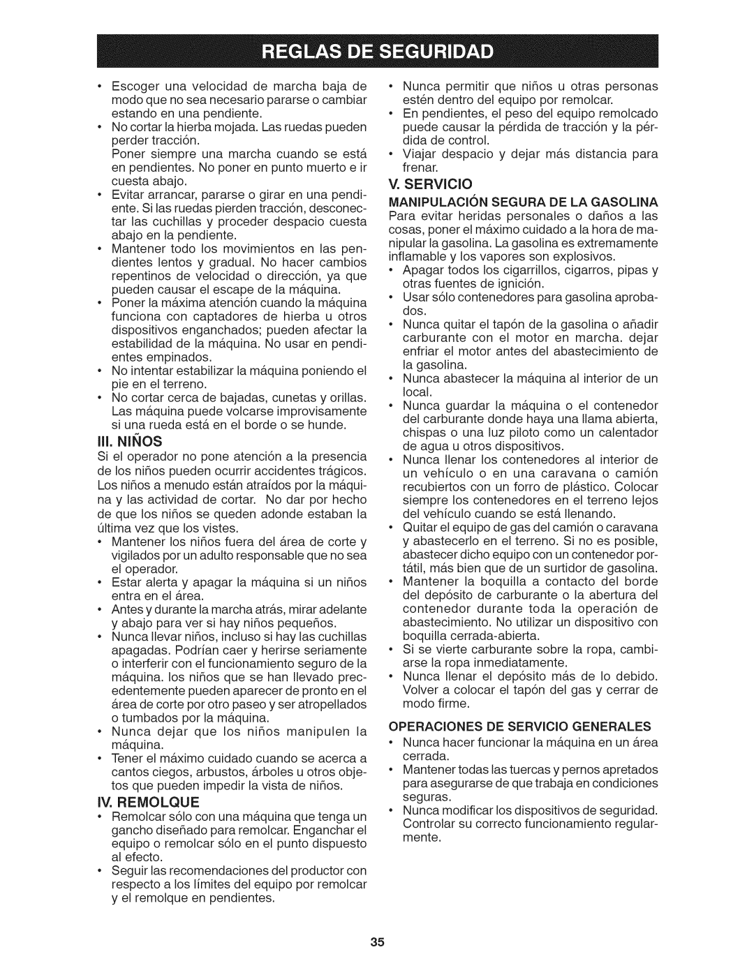 Craftsman 917.28035 owner manual Iii, Ninos, Iv. Remolque, V.SERVlCIO, Operaciones De Servicio Generales 