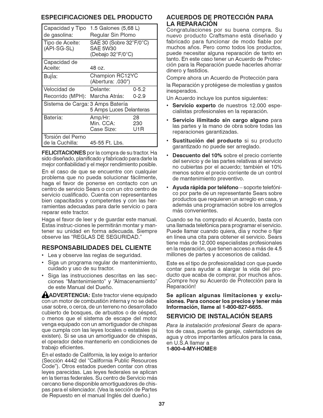 Craftsman 917.28035 owner manual Especificacionesdel Producto, LA REPARACI6N 