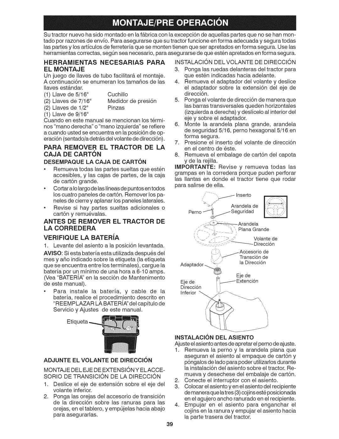 Craftsman 917.28035 owner manual Herramientas Necesarias Para El Montaje, Para Remover El Tractor De La 