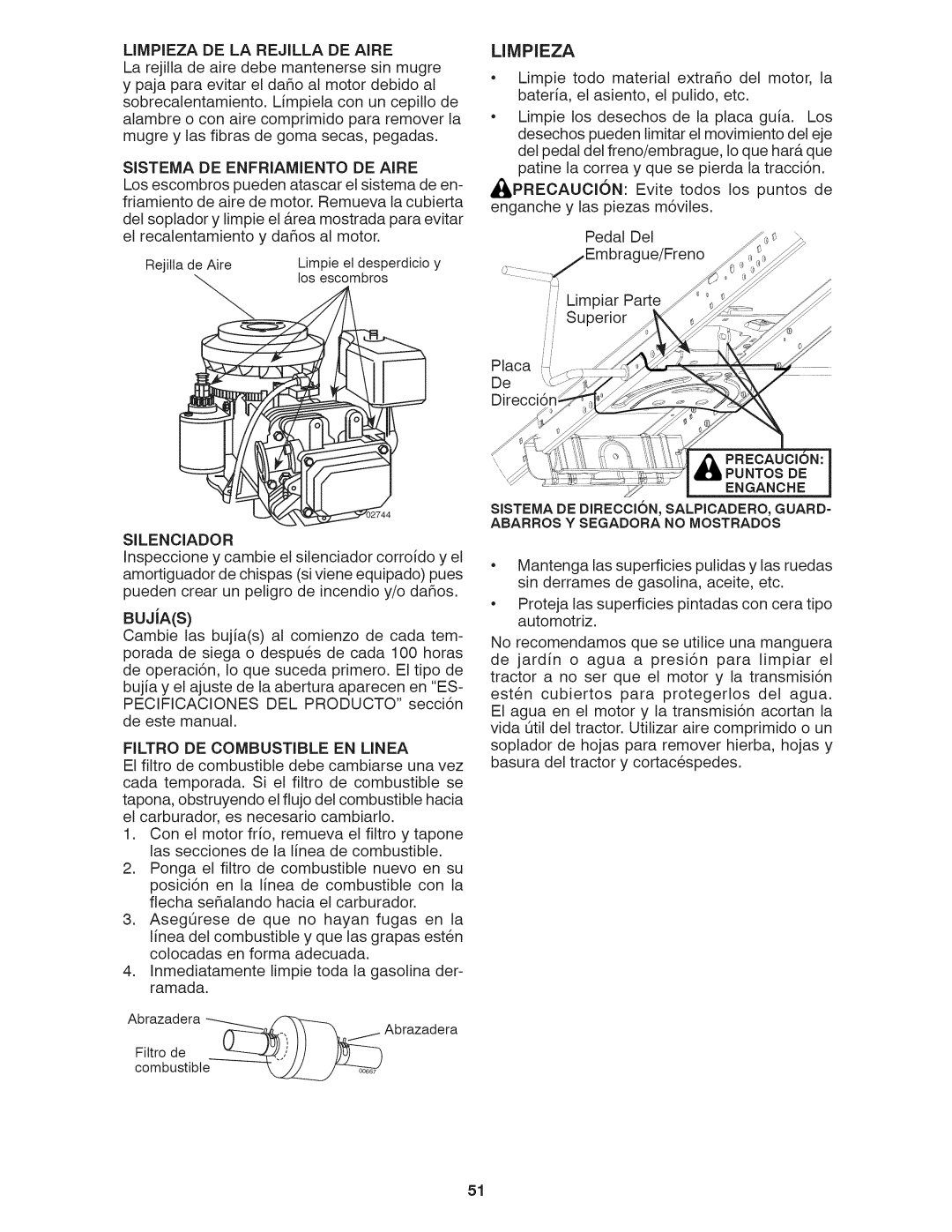 Craftsman 917.28035 owner manual Limpiezadela Rejilladeaire, BUJiAS, Silenciador, Filtro De Combustible En Linea 
