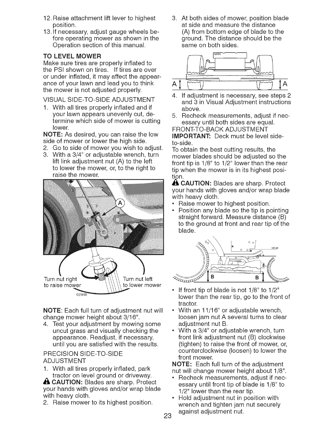 Craftsman 917.28726 owner manual Precision SIDE-TO-SIDE Adjustment, To Level Mower, Visual SIDE-TO-SIDE Adjustment 