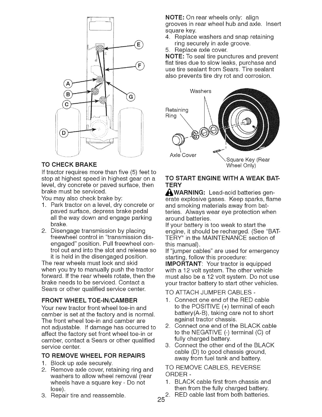 Craftsman 917.28726 Front Wheel TOE-IN/CAMBER, To Start Engine with a Weak BAT- Tery, To Remove CABLES, Reverse Order 