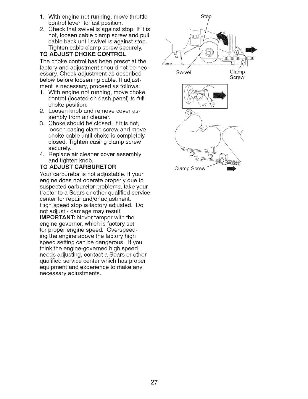 Craftsman 917.28726 owner manual To Adjust Choke Control, To Adjust Carburetor 