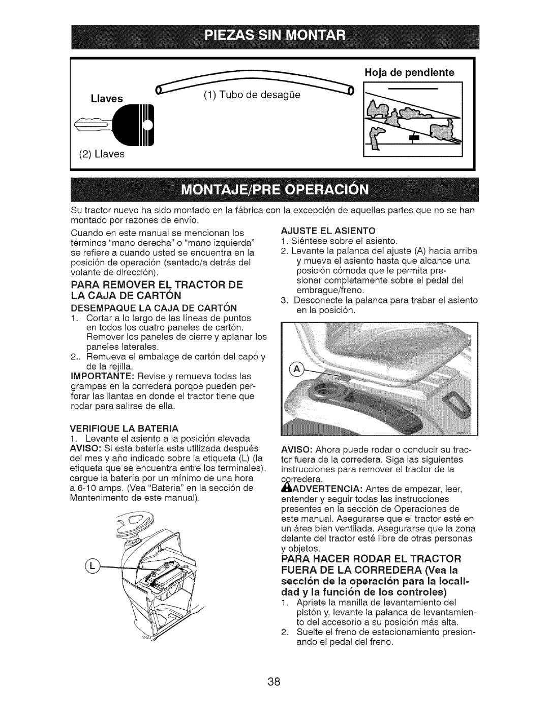 Craftsman 917.28726 Ajuste EL Asiento, Para Remover EL Tractor, Desempaque LA Caja DE Carton, Verifique LA Bateria 