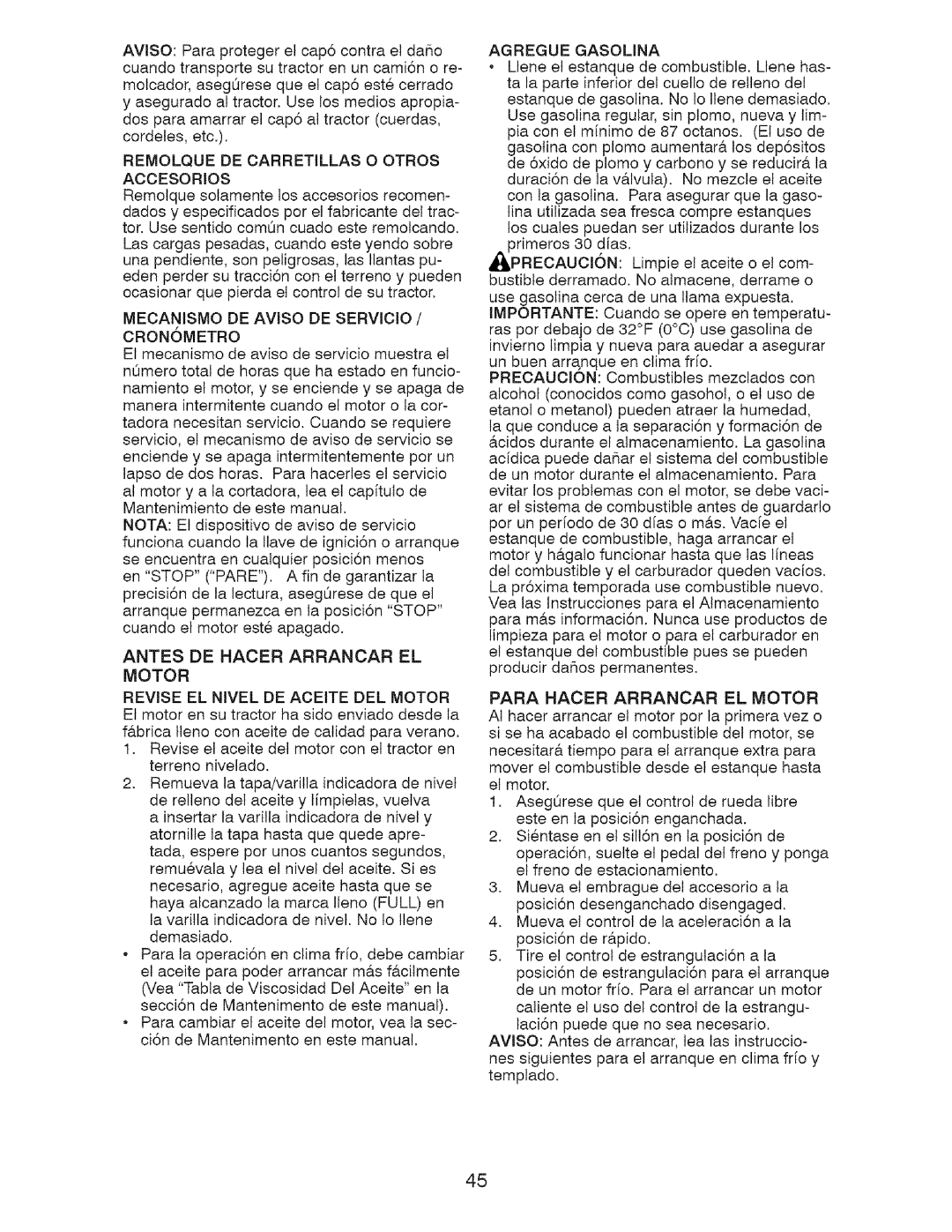 Craftsman 917.28726 Meoanismo DE Aviso DE Servicio / CRON6METRO, Antes DE Hacer Arrancar EL Motor, Agregue Gasolina 