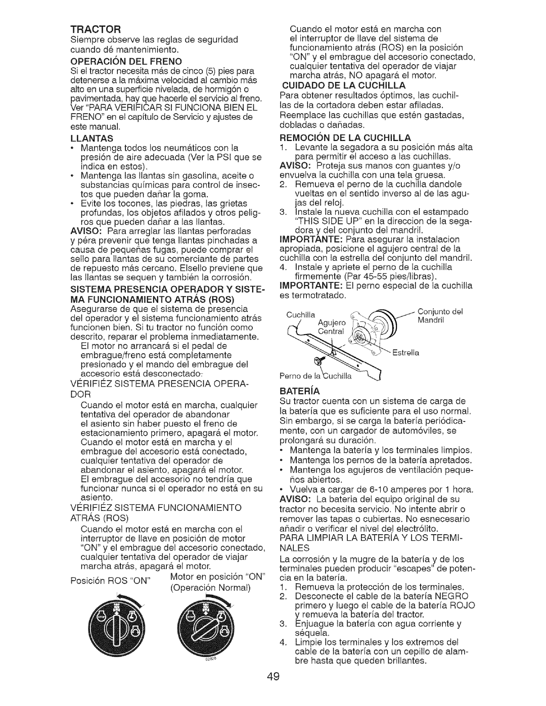 Craftsman 917.28726 owner manual Llantas, Verifiez Sistema Presencia OPERA- DOR, Verifiez Sistema Funcionamiento Atras ROS 