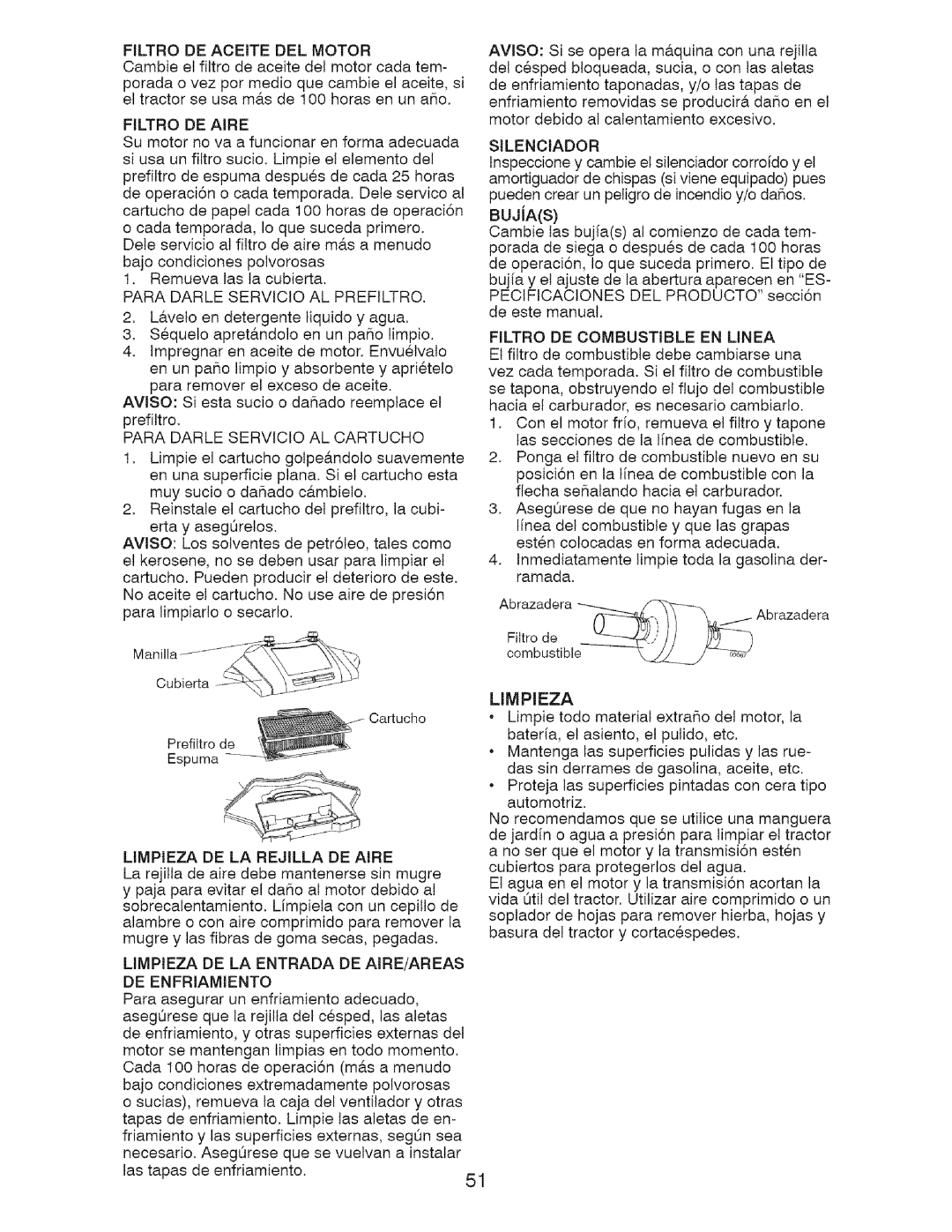 Craftsman 917.28726 owner manual Filtro DE Aceite DEL Motor, Filtro DE Aire, Para Darle Servicio AL Prefiltro, Limpieza 