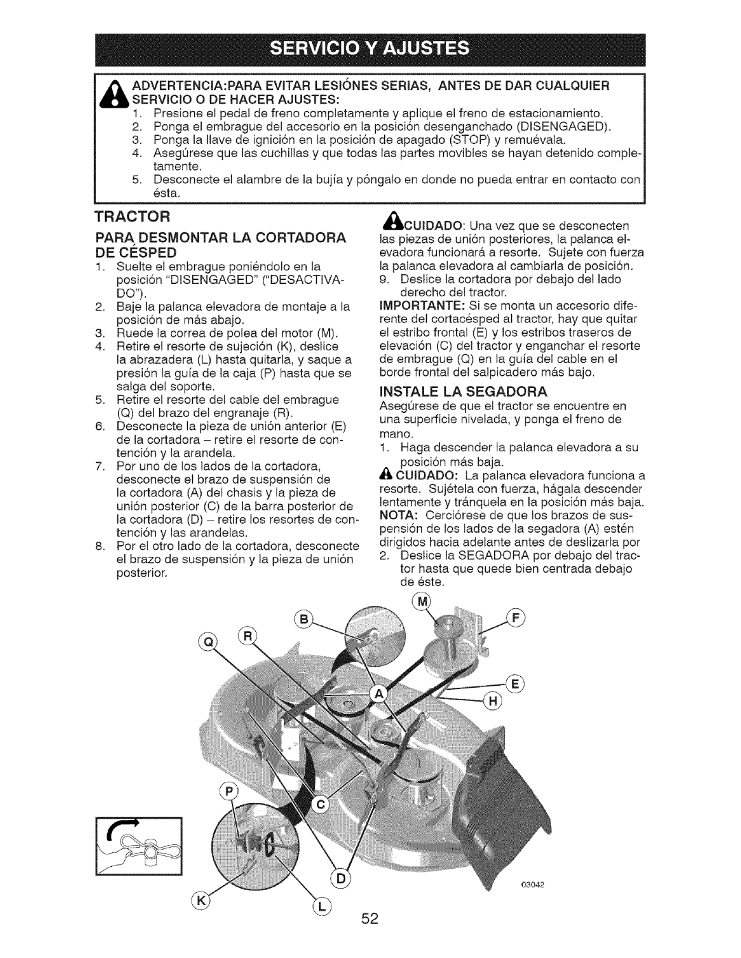 Craftsman 917.28726 owner manual Tractor, Para Desmontar LA Cortadora DE Cesped, Instale LA Segadora 